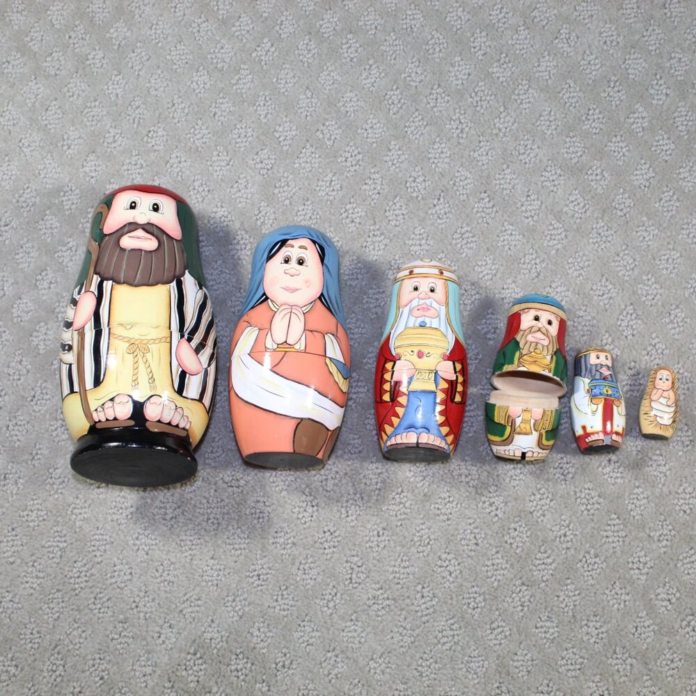 6pc Nativity-Themed Russian Hand-Painted Wooden Nesting Doll Figurines - 7-in
